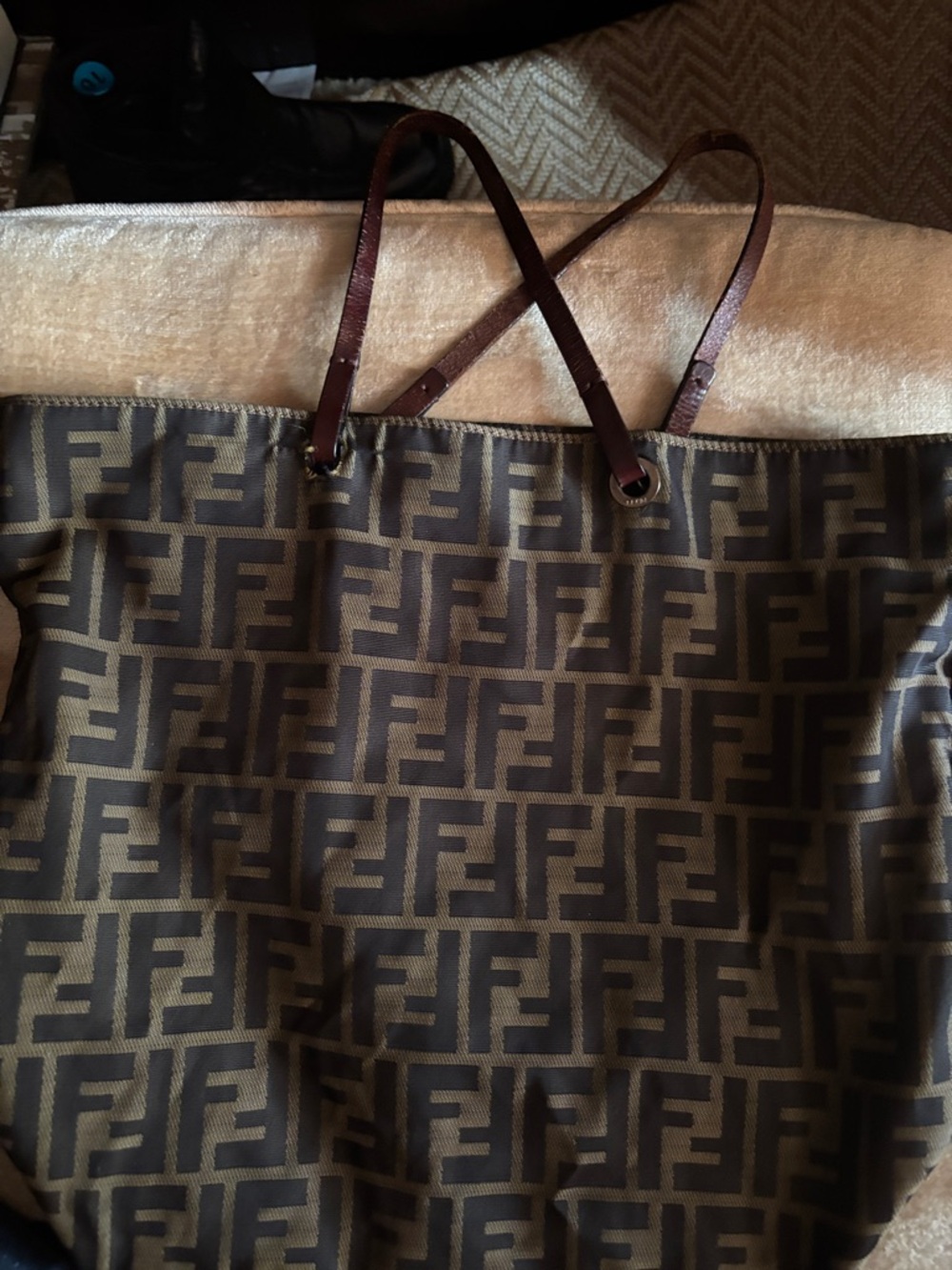 Fendi Brown and Dark Brown Zucca Monogram Tote 13 w /12L wear in handles